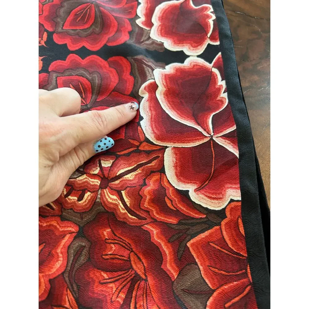 Pineda Covalin Silk Velvet Floral Shawl Scarf Gothic Red Fringe Designer Wrap